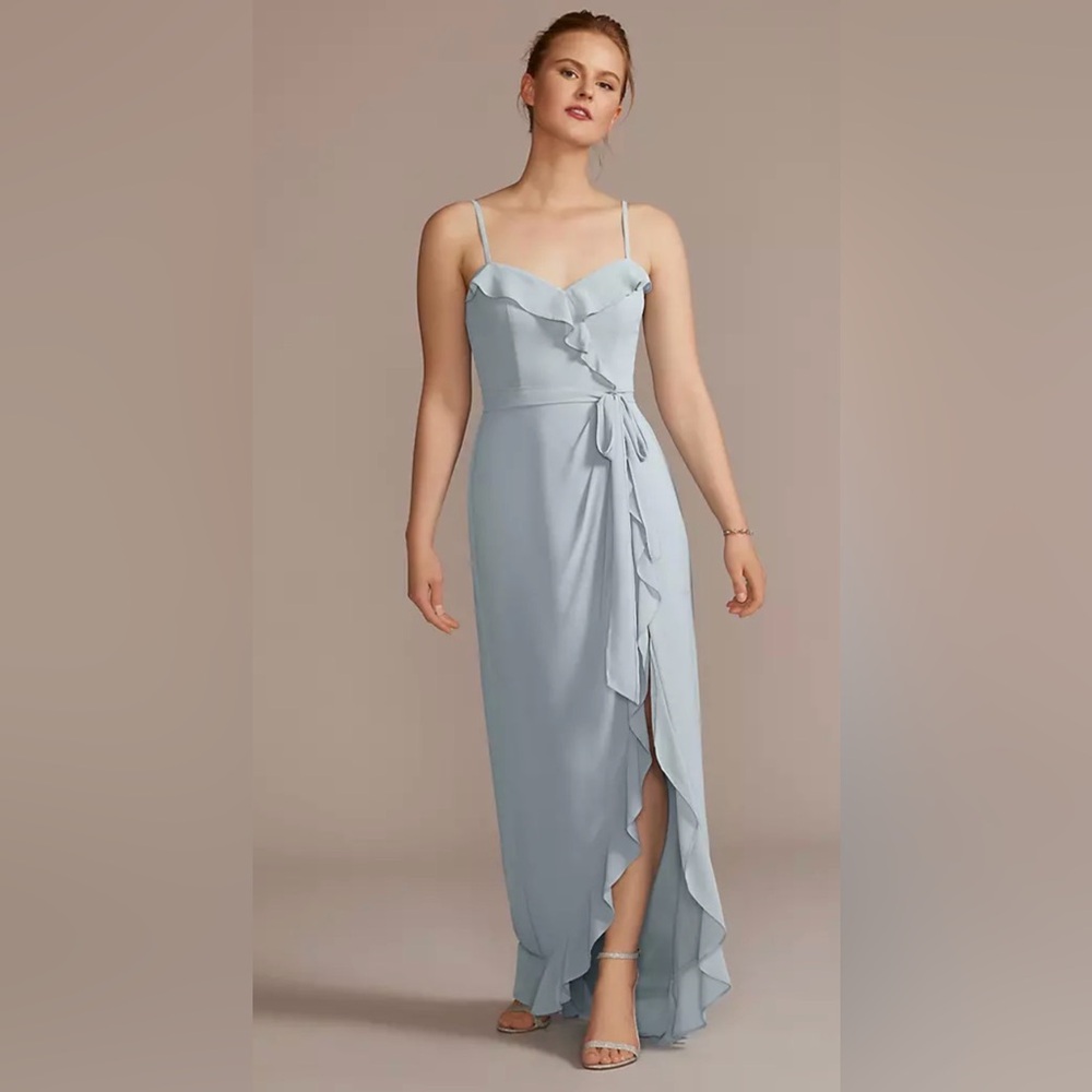 David’s Bridal Elegant Dusty Blue Ruffle Bridesmaid Prom Dress size 4 NWT